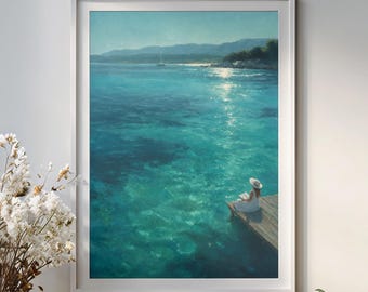 Beach House Wall Art Woman Reading by the Sea Print Coastal Decor Turquoise Ocean Poster Blue Seascape Artwork Coastal Living Room Art
