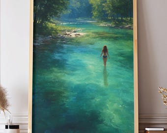 Woman in Emerald Water Poster Nature Wall Art Print Peaceful River Painting Female Figure Artwork Reading Nook Decor Cottagecore Art