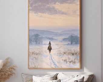 Winter Horse Rider Wall Art Equestrian Poster for Horse Lovers Woman in Snow Landscape Peaceful Rustic Farmhouse Decor Horse Gift