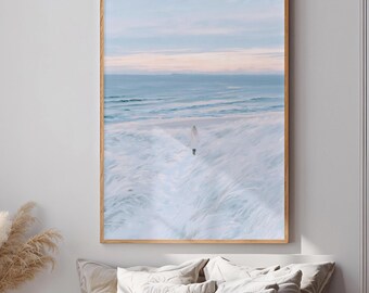 Dreamy Woman in Nature Wall Art Winter Beach Poster Soft Blue Landscape Print Pastel Beach Seascape Gift for Her