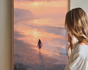 Coastal Wall Art Beach House Decor Relaxing Bedroom Art Woman by the Sea Poster Sunset Ocean Print Peaceful Feminine Artwork
