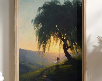 Woman on Swing Under Weeping Willow Poster Romantic Landscape Wall Art Dreamy Sunset Print Cottagecore Decor Peaceful Nature Painting Gift