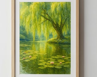 Willow Tree Wall Art Print Watercolor Landscape Poster Reading Nook Decor Cottagecore Wall Art Green Nature Print Peaceful Lake Decor