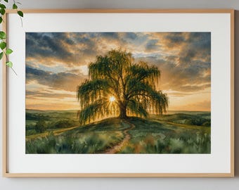 Sunset Willow Tree Wall Art Print Watercolor Landscape Poster Golden Nature Decor Reading Nook Wall Art Country Landscape Print Home Decor