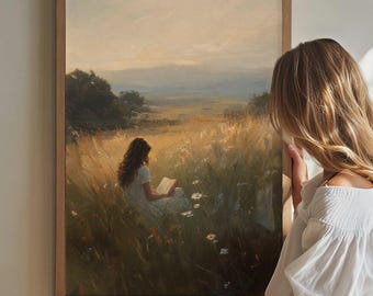 Book Lover Gift Woman Reading Wall Art Meadow Landscape Poster Cottagecore Bedroom Decor Textured Fine Art Print