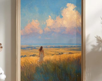 Gift for Her Coastal Landscape Poster Woman in Meadow Wall Art Beach Horizon Print Dreamy Nature Decor Cottagecore Wall Art Rolled Poster