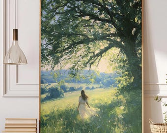 Pastoral Painting Print Woman Under Tree Wall Art Summer Countryside Poster Impressionist Landscape Peaceful Cottagecore Decor Gift