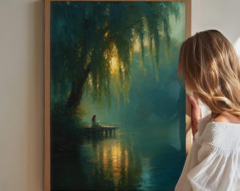 Woman Reading by Willow Lake Poster Peaceful Nature Wall Art Reading Nook Decor Cottagecore Artwork Book Lover Gift Lake House Print