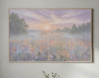 Pastel Wildflower Meadow Poster Dreamy Landscape Wall Art Cottagecore Decor Soft Nature Print Art Romantic Meadow Artwork Rolled Poster