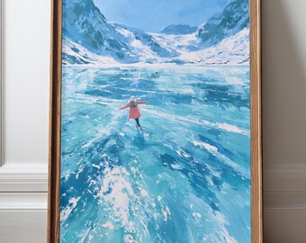 Ice Skating Winter Art Print Blue Mountain Lake Poster Painterly Wall Art for Active Couple Gift for Her Poster