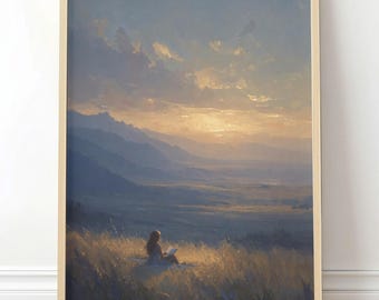 Woman Reading Wall Art Book Lover Gift Moody Meadow Landscape Poster Cozy Reading Nook Decor Cottagecore Bedroom Art Meadow Landscape Print