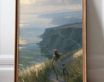Gift for Her Coastal Wall Art Woman Wall Art Textured Fine Art Print Vintage Bicycle Poster Quiet Luxury Bedroom Decor Ocean Landscape