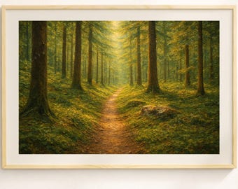 Utskrivbar väggkonst med lugnande skog – Bild av skogsbad, skogsstig – Stresslindrande naturdekor, vardagsrum – Fridfull skogsdekor, nedladdning 3:2