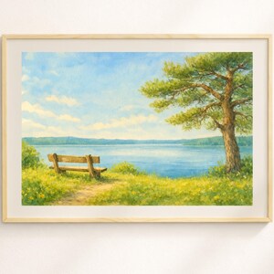 Watercolor Lake Landscape Print, Minimal Nature Wall Art, Calm Lake View Painting, Scandinavian Style Landscape, Light Nature Decor