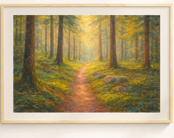 Mysig skogsväggkonst utskrivbar – Pastellbild av skogsbad – Cottagecore Natur Sovrumsinredning – Mjuk estetisk skog för nedladdning