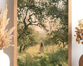 Feminine Wall Art Apple Orchard Art Autumn Landscape Poster Woman Walking Print Cottagecore Decor Impressionist Countryside Art