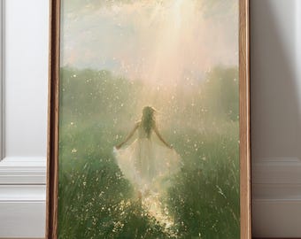 Summer Rain Wall Art Woman Running Through Meadow Painting Impressionist Landscape Poster Feminine Nature Decor Inspirational Print
