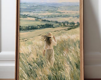 Golden Field Wall Art Woman Walking Countryside Poster Impressionist Summer Landscape Rustic Farmhouse Decor Peaceful Nature Print Gift
