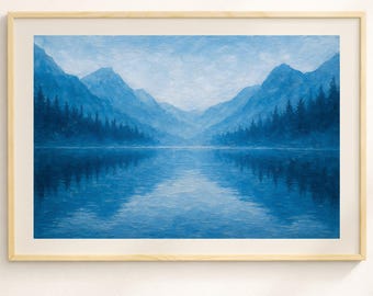 Blå dimmig bergssjö väggkonst oljestil, lugnt alpint landskap utskrivbart, fridfull morgondimma sjö, minimalistisk naturdekor nedladdning