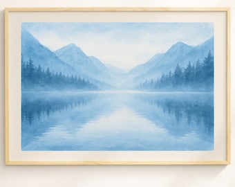 Akvarell bergssjö utskrivbar väggkonst, mjukt blått dimlandskap, minimalistisk naturdekor, lugn estetik för nedladdning