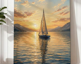 Sailboat Canvas Print Lake House Decor Nautical Wall Art Golden Sunset Sailing Boat Masculine Wall Art Coastal Living Room Decor