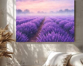 Akvarell kanvas väggkonst med lavendelfält, mjukt lila landskap, lugn feminin dekor, dimmig morgonmålning med lavendel, väggkonst för sovrum