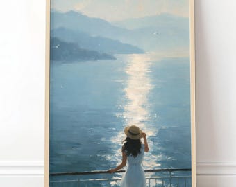 Woman by the Sea Wall Art Ferry Poster Gift for Her Blue Coastal Landscape Print Freedom Artwork Impressionist Seascape Bedroom Decor