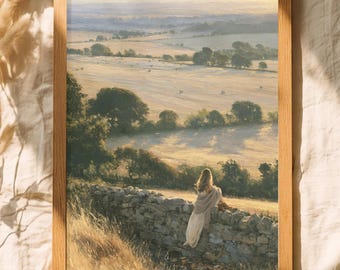 Countryside Wall Art Woman in Landscape Poster Golden Field Print Rustic Mediterranean Decor Cottagecore Art Rolled Poster Pastoral Print