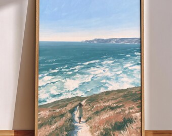 Autumn Landscape Print Coastal Wall Art Woman Walking by Sea Impressionist Oil Painting Ocean Poster Moody Coastal Decor