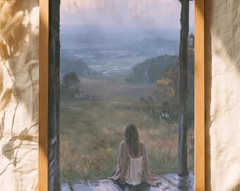 Feminine Woman Wall Art Print Rainy Veranda Landscape Poster Romantic Countryside Painting Melancholic Female Art Cottagecore Decor