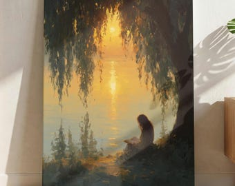 Reading Woman by Lake Reading Nook Canvas Wall Art Book Lover Gift Cozy Library Decor Cottagecore Wall Art Willow Tree Large Canvas Print