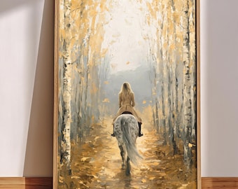 Golden Autumn Horse Wall Art for Horse Lovers Woman Rider Print Equestrian Poster Birch Forest Painting Rustic Cottage Fall Decor