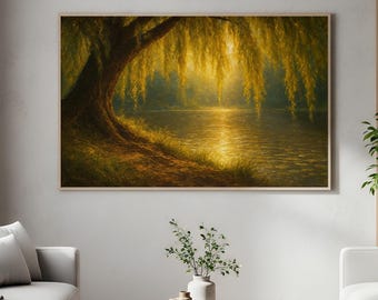 Golden Willow Wall Art Print Moody Landscape Poster Golden Light Nature Decor Reading Nook Wall Art Impressionist River Cozy Home Decor