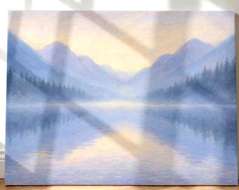 Pastellfärgad canvastavla med bergsjö, lugn blå landskapsdekoration, fridfull natur, väggdekoration, dimmig sjö, soluppgång, stor canvastavla