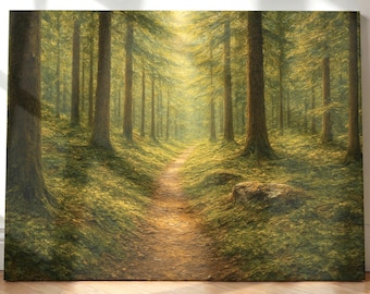 Canvastavla med lugnande skog, canvasduk med skogsbad för kvinnor, stresslindrande naturdekor, vardagsrum, färdig skogstavla, redo att hängas upp