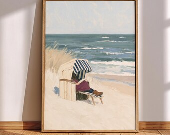 Book Lover Gift Woman Reading Beach Chair Wall Art Coastal Oil Painting Poster Seaside Reading Art Beach House Decor Coastal Wall Art Ocean