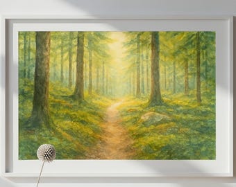 Ljus skogsfärgad väggkonst i akvarellstil, skandinavisk naturdekor, skogsbad, lugnande grönt för ljusa och minimalistiska rum, digital nedladdning
