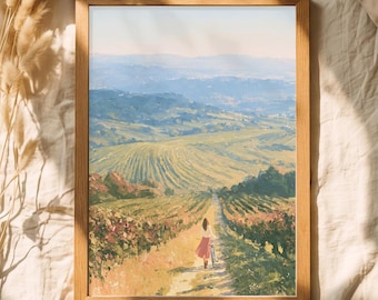 French Countryside Wall Art Woman with Bicycle Poster Vineyard Landscape Print Rustic Fall Decor Cottagecore Art Gift for Her