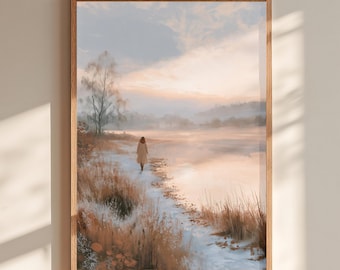 Winter Landscape Wall Art Woman Walking by a Snowy Lake Neutral Nature Poster for a Cozy Bedroom Quiet Winter Walk by Misty Lake