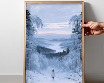 Winter Forest Wall Art Woman Walking in Snow Poster Blue Landscape Print Peaceful Nature Decor Gift for Nature Lover Cottage Art