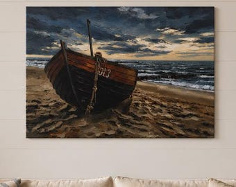 Masculine Coastal Wall Art Canvas Rustic Fishing Boat Painting Nautical Beach House Decor Stormy Ocean Artwork Lake House Wall Art