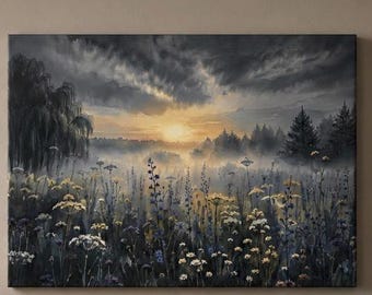 Whimsigoth Decor Dark Romance Wall Art Dark Academia Canvas Moody Wildflower Meadow Dark Botanical Landscape Reading Nook Decor