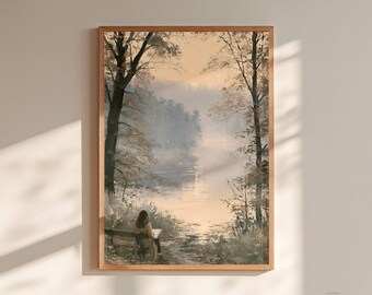 Autumn Reading Woman Wall Art Misty Lakeside Landscape Print Cozy Book Lover Decor Neutral Fall Poster Gift for Readers and Her