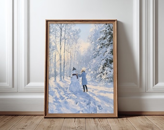 Winter Snowman Wall Art Snowy Forest Poster Blue Winter Landscape Cozy Christmas Decor Gift Cottagecore Print