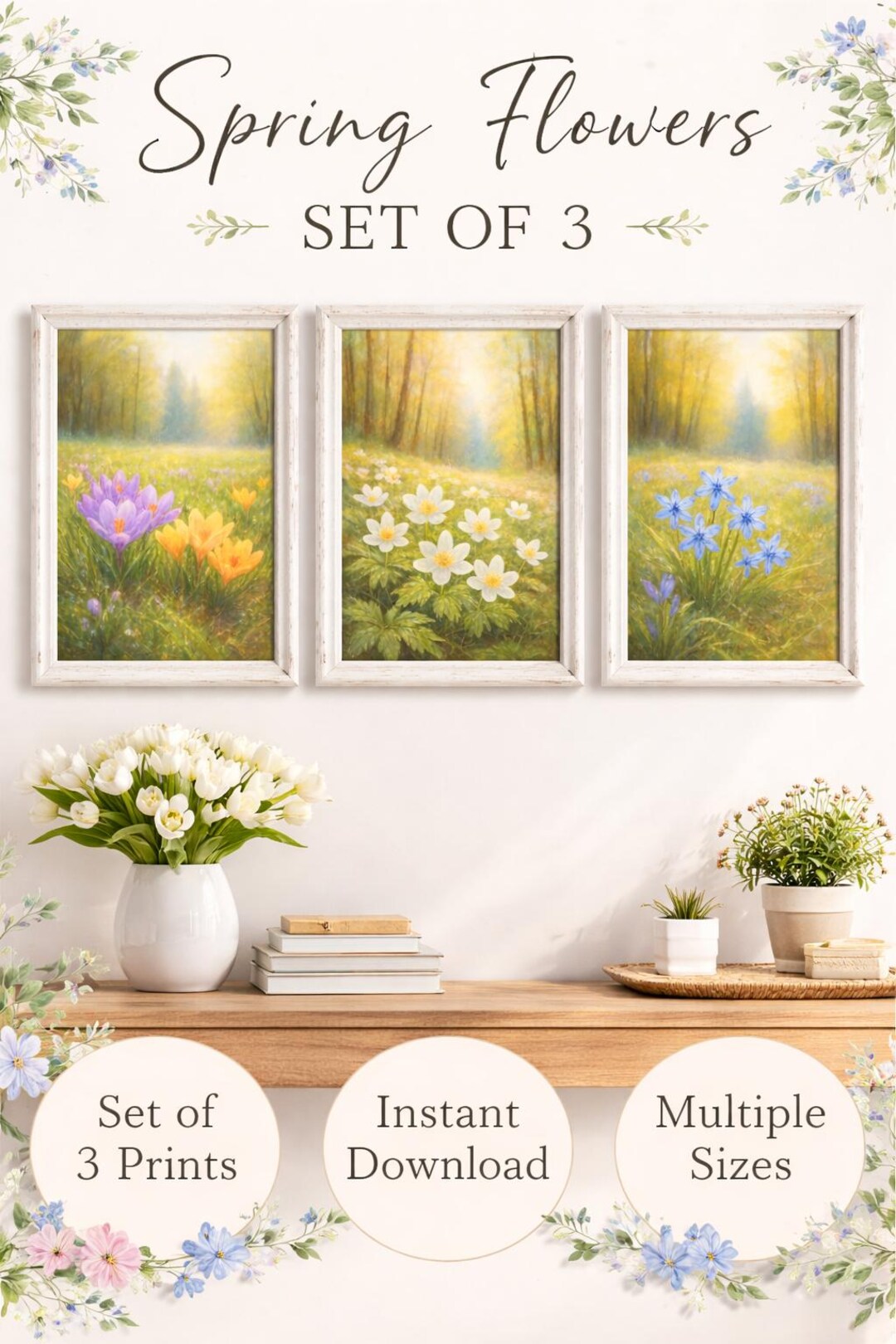 Spring Flowers Wall Art Set of 3 – Pastel Style Floral Meadow Art ...