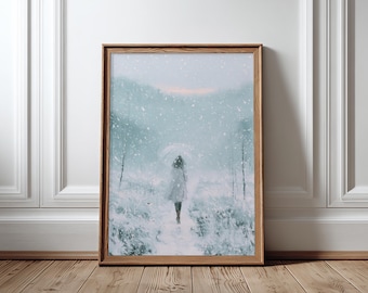 Snowy Winter Wall Art Woman With Umbrella Poster Misty Forest Landscape Print Blue Gray Oil Painting Style Rolled Poster