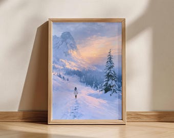 Winter Mountain Wall Art, Woman in Snow Poster, Snowy Landscape Print, Winter Wonderland Decor, Blue Alpine Wall Art