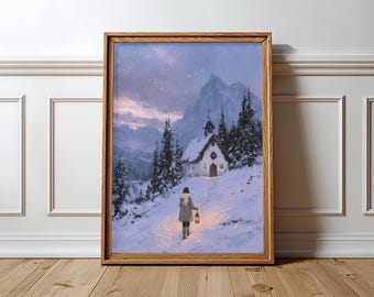 Winter Chapel Wall Art Woman with Lantern Print Snowy Mountain Poster Christmas Wall Decor Cottage Prints Romantic Winter Landscape Art