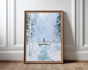 Winter Forest Wall Art Snowy Landscape Poster Dreamy Woman on Bridge Gift For Her Scandinavian Nature Print