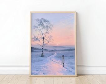 Dreamy Winter Landscape Woman in Nature Wall Art Snowy Birch Tree Poster